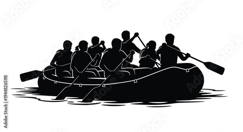 Rowing team navigating water in a boat black silhouette