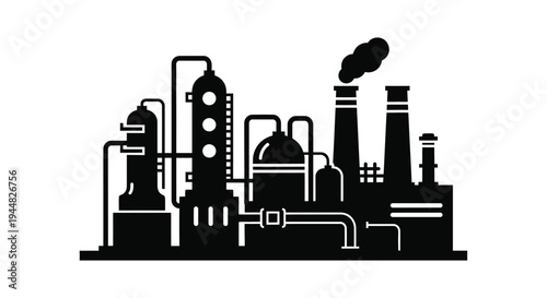 Industrial complex with smokestacks and pipes a stark silhouette