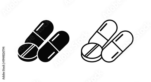 Two sets of pills depicted in black and white a bold silhouette