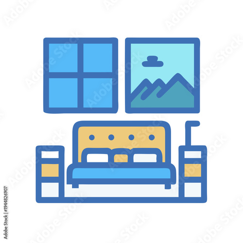 Bedroom interior with bed, window and bedside tables in flat design