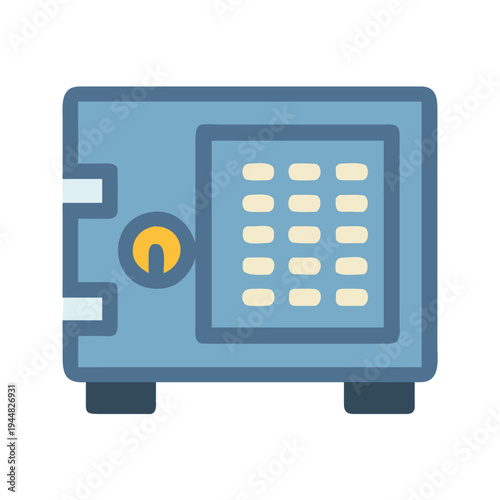 Isolated blue safe box with key and number pad illustration over black