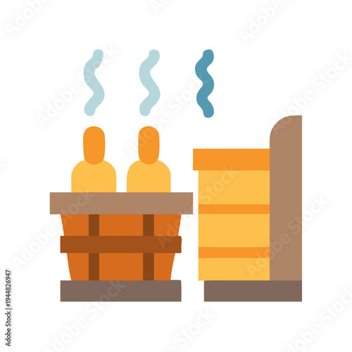 Geometric sauna scene with two figures, steam and wooden structure in flat style