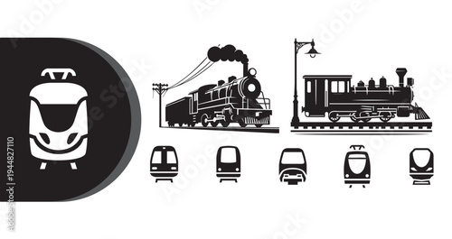 A collection of train icons in black and white on a clean background