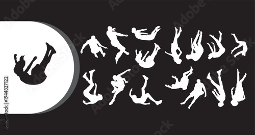 A collection of white silhouettes of people falling against a black background with a single black silhouette in a white circle