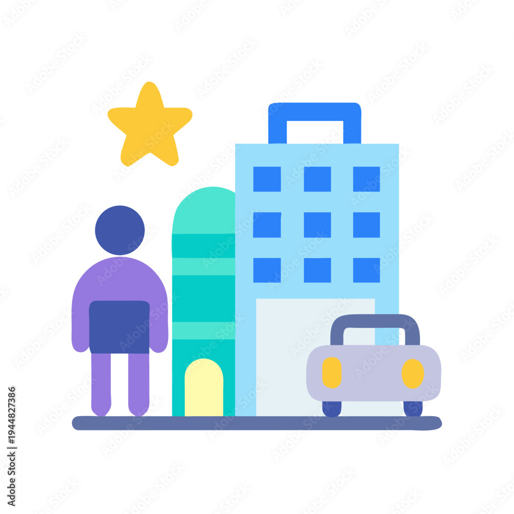 Naklejka premium Colorful city illustration with a person, buildings, car, and a star against black