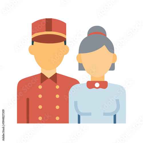Hotel staff team illustration of a bellhop and housekeeper in uniform