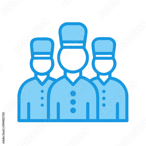 Three service employees wearing uniforms depicted in a simple flat design style