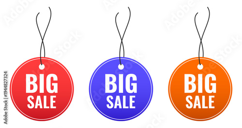 Set of round hanging big sale tags in red, blue and orange colors with strings