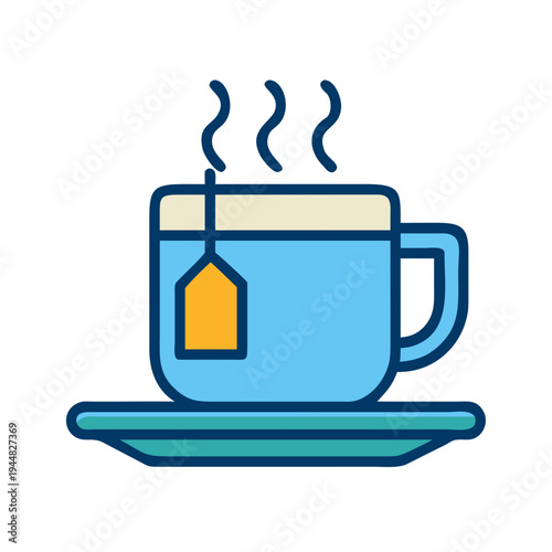 Stylized illustration of a teacup with tea bag on a saucer