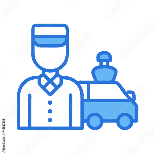 Blue line art icon depicting a bellhop and a luggage cart