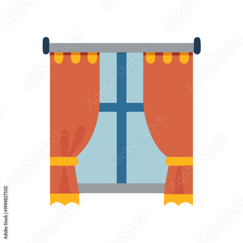 Flat design window illustration with orange curtains and blue window pane