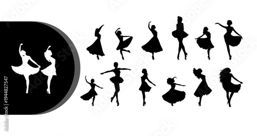 A group of elegant ballerinas in various dance poses in black and white