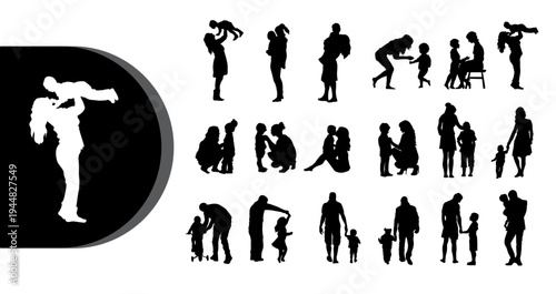 A collection of black silhouettes depicting various family and social interactions on a white background