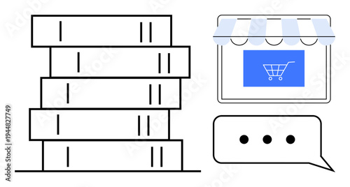 E-commerce, digital education, knowledge transfer, online shopping, communication, retail strategies. A book stack, speech bubble and storefront with a shopping cart. E-commerce and digital