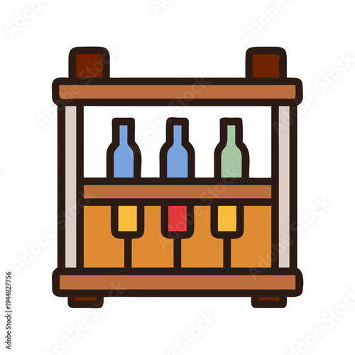 Colorful cartoon bar shelf with bottles and containers, minimalist on black background