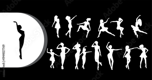A collection of elegant ballerina silhouettes in various dance poses against a black background