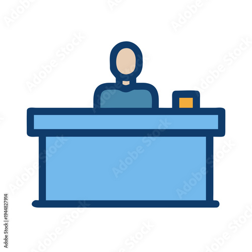 Simple flat vector graphic of person behind light blue reception desk