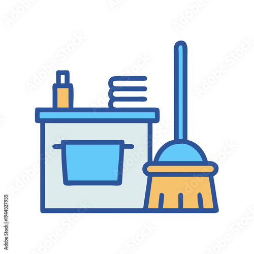 Bathroom cleaning supplies icon featuring cabinet, towels, bottle, and broom on black
