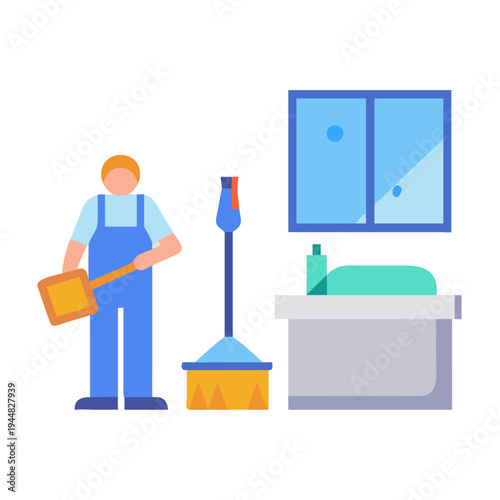 Flat vector illustration of a cleaner with tools and bathroom elements