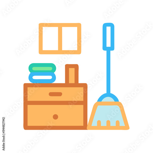 Iconic bedroom interior depiction with cleaning broom and dresser on a black background.
