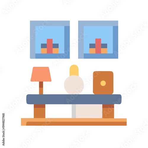 Stylized living room interior with furniture, decorative objects, and wall art, in a blocky design