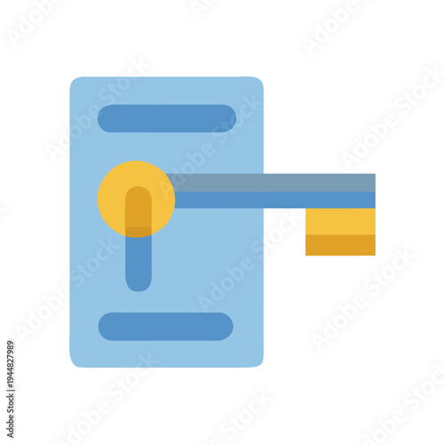 Door handle illustration with geometric shapes in blue and gold colors