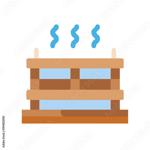 Icon graphic of a traditional wooden sauna with steam on a black background