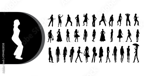 A collection of diverse silhouettes of people in various poses and outfits on a white background
