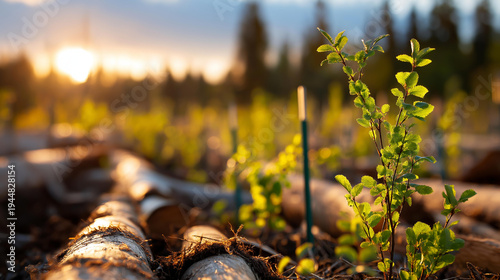 Wide bright of a decommissioned construction site transformed into a phytoremediation project, young pioneer birch saplings planted in neat rows across reclaimed soil,