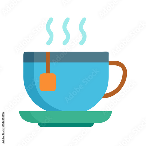 Stylized illustration of tea cup with steam and a teabag on a saucer