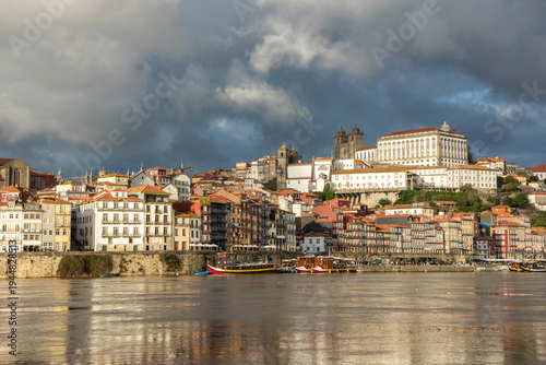 Skyline in Porto, Portugal. View toward the Bairro da Ribeira district, Porto Cathedral (Se do Porto) and the Episcopal Palace of Porto.
