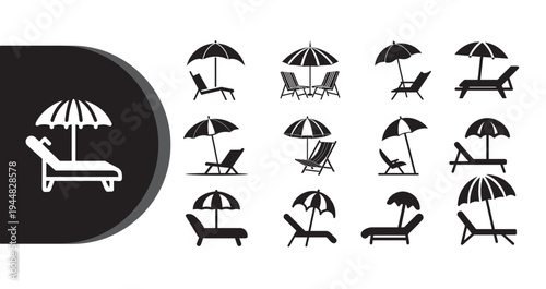 A collection of black and white icons featuring lounge chairs and umbrellas on a clean white background