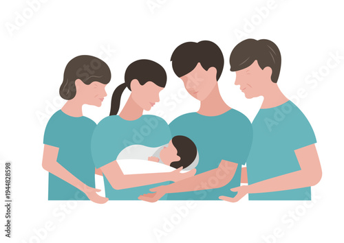 赤ちゃんを囲む家族のベクターイラスト素材（グリーン）