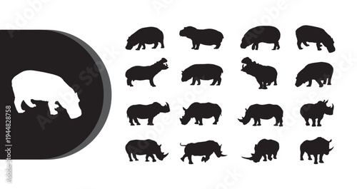 A collection of black and white rhinoceros silhouettes on a clean white background