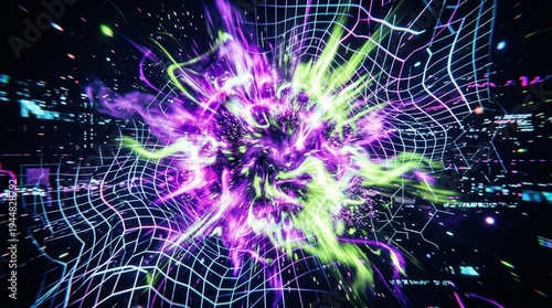 Neon acid blur explosion in violet lime, distorted futuristic grid lines