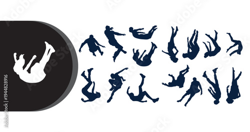 A graphic illustration of various human silhouettes in different falling poses