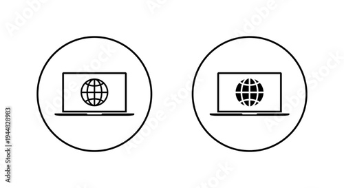 Laptop internet icon in circular outline. Web access on notebook screen symbol