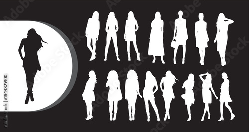A collection of white and black silhouettes of people on a dark background