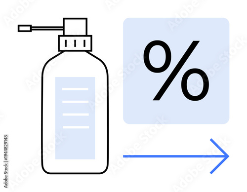 Hygiene, disinfection, healthcare, efficacy, sanitation, promotion. A hand sanitizer bottle next to a percentage symbol and arrow. Hygiene and disinfection