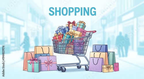Colorful Shopping Bags and Cart Illustration.