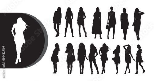 A collection of silhouettes of women in various poses and outfits on a white background