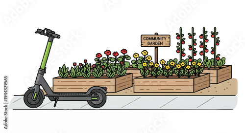 Electric scooter parked beside community garden flower boxes