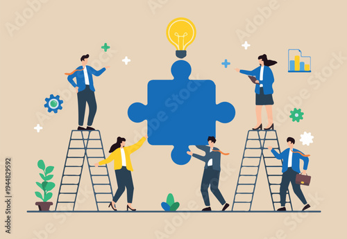 Flat illustration of team guiding large puzzle piece into place, symbolizing completing business strategy
