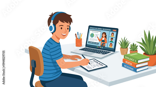Young student with headphones learning online on a laptop with books and plants on the desk, representing remote education and home schooling