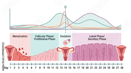 Diagram illustrating the female reproductive cycle, including menstrual, follicular, ovulatory, and luteal phases