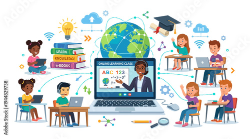 Digital learning and online education for children worldwide, featuring diverse students engaged with virtual classrooms and educational resources through technology
