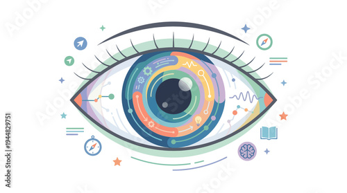 Abstract futuristic eye illustration with digital data streams and icons representing technology and vision