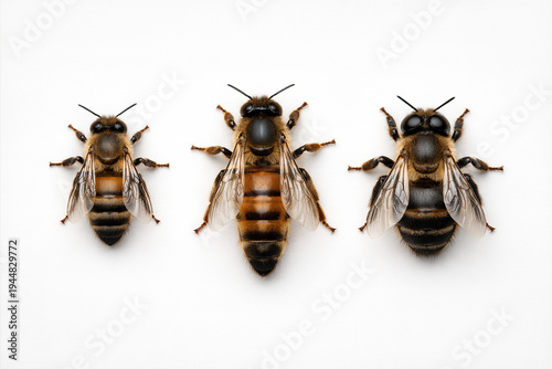 Queen Worker and Drone Honey Bee Castes on White Background