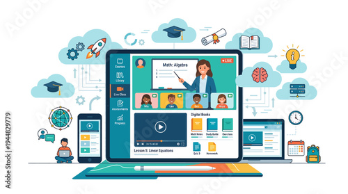 Online learning and remote education concept with people attending classes on digital devices like tablets and laptops