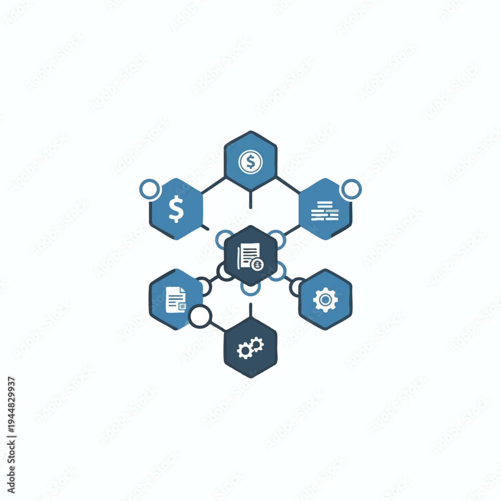 Naklejka premium Abstract network of hexagons with financial and mechanical icons
